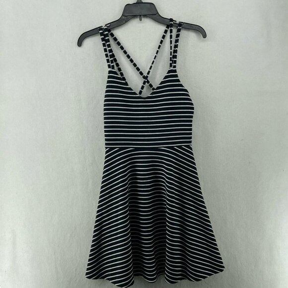 French Connection Dress Sz 6  Black White Striped V-Neck Strappy Back Fit Flare - Picture 1 of 11